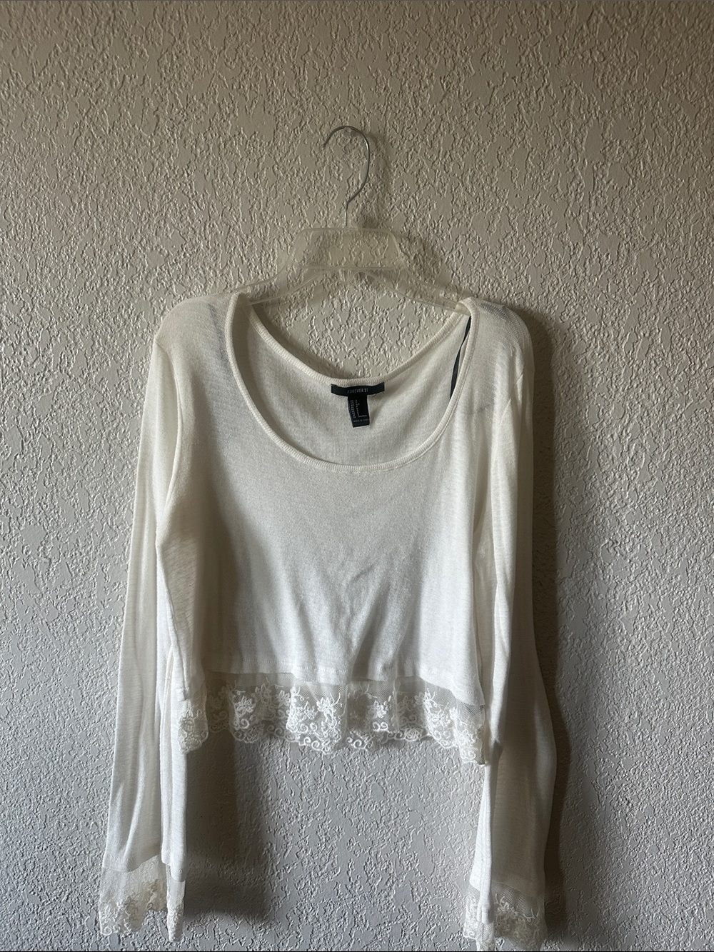 Forever 21 White Lace-Trim Cropped Long-Sleeve Top
